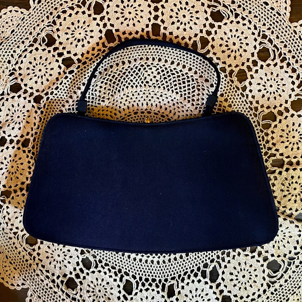Vintage Navy Blue Fabric Garay Hand Clutch Purse Kisslock Clasp EUC